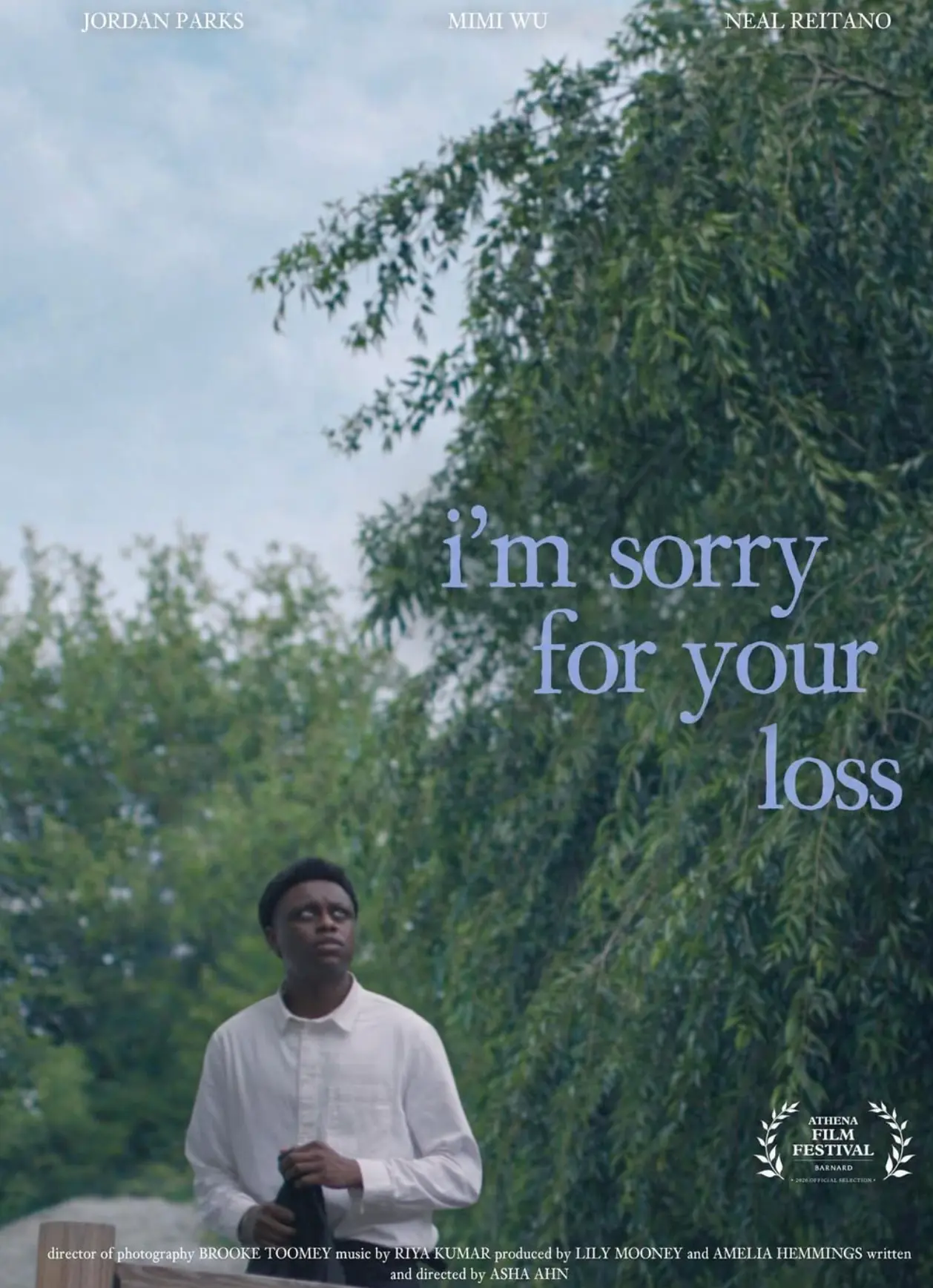 Film poster for I'm Sorry for Your Loss — a young man in a white shirt stands beneath a willow tree, with the title set in pale blue serif type.