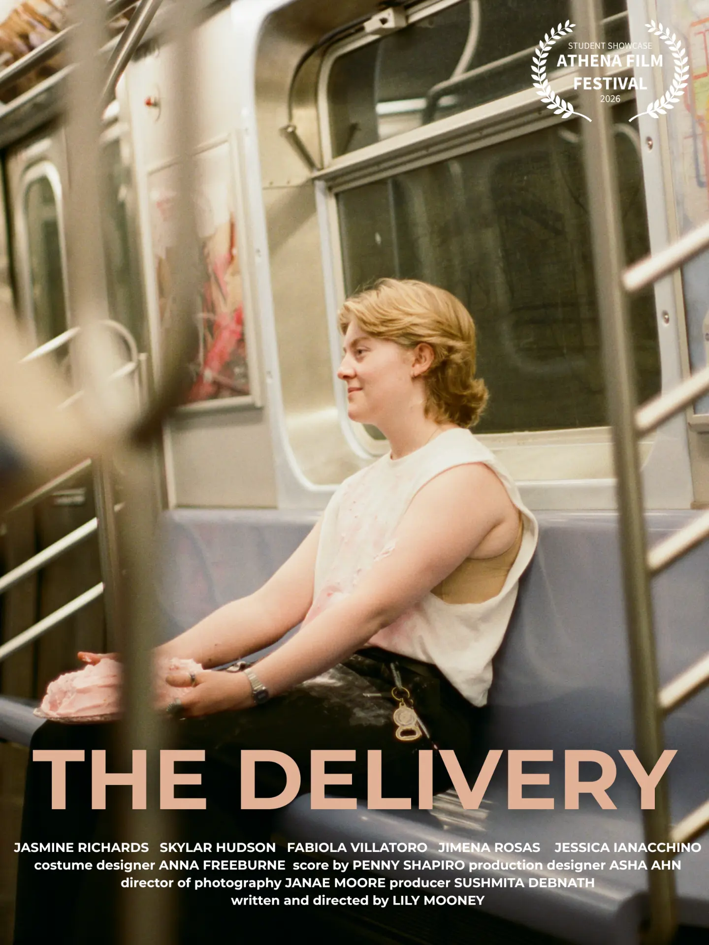Film poster for The Delivery — a young woman sits on a subway train, with the Athena Film Festival 2026 laurel and credits below.